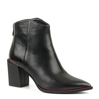 Black leather ankle boots with a wide block heel and a red sole