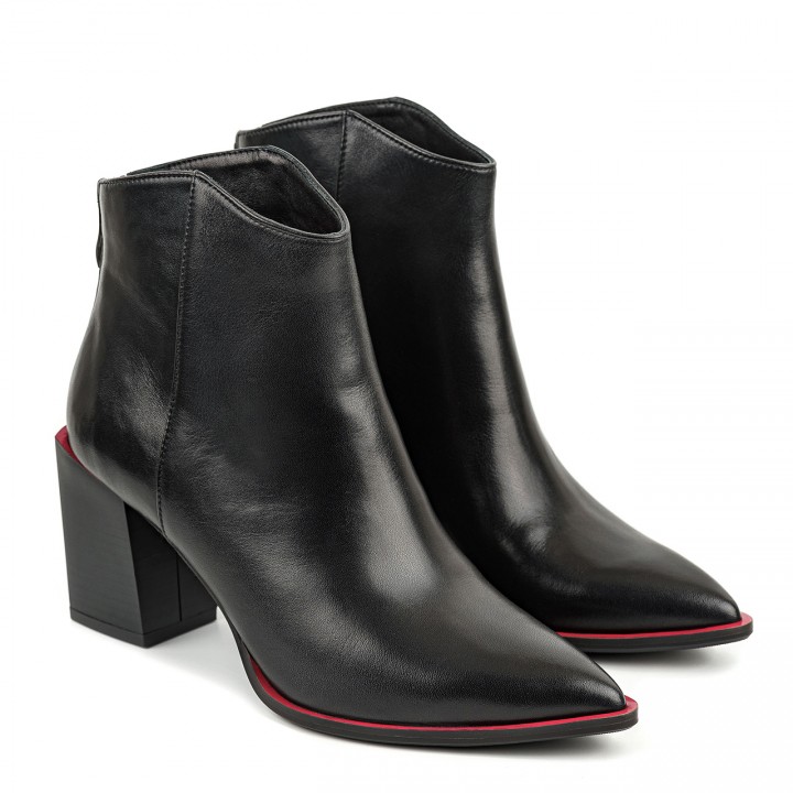 Black leather ankle boots with a wide heel