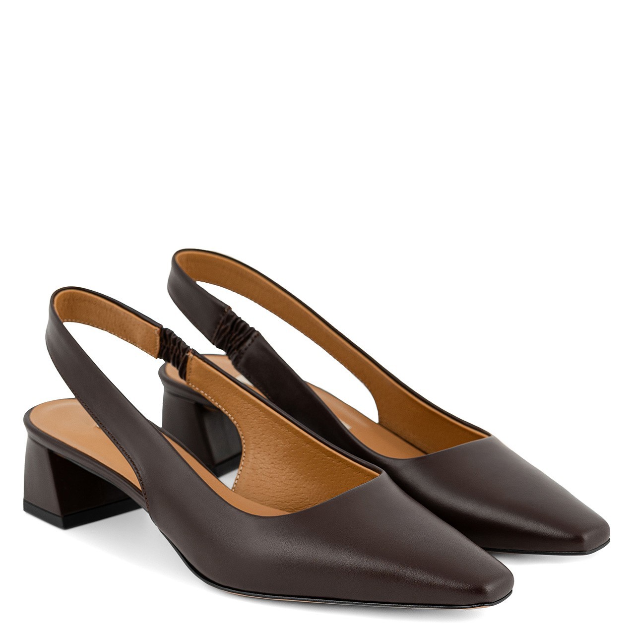 Brown pumps with slightly square toes and an open heel