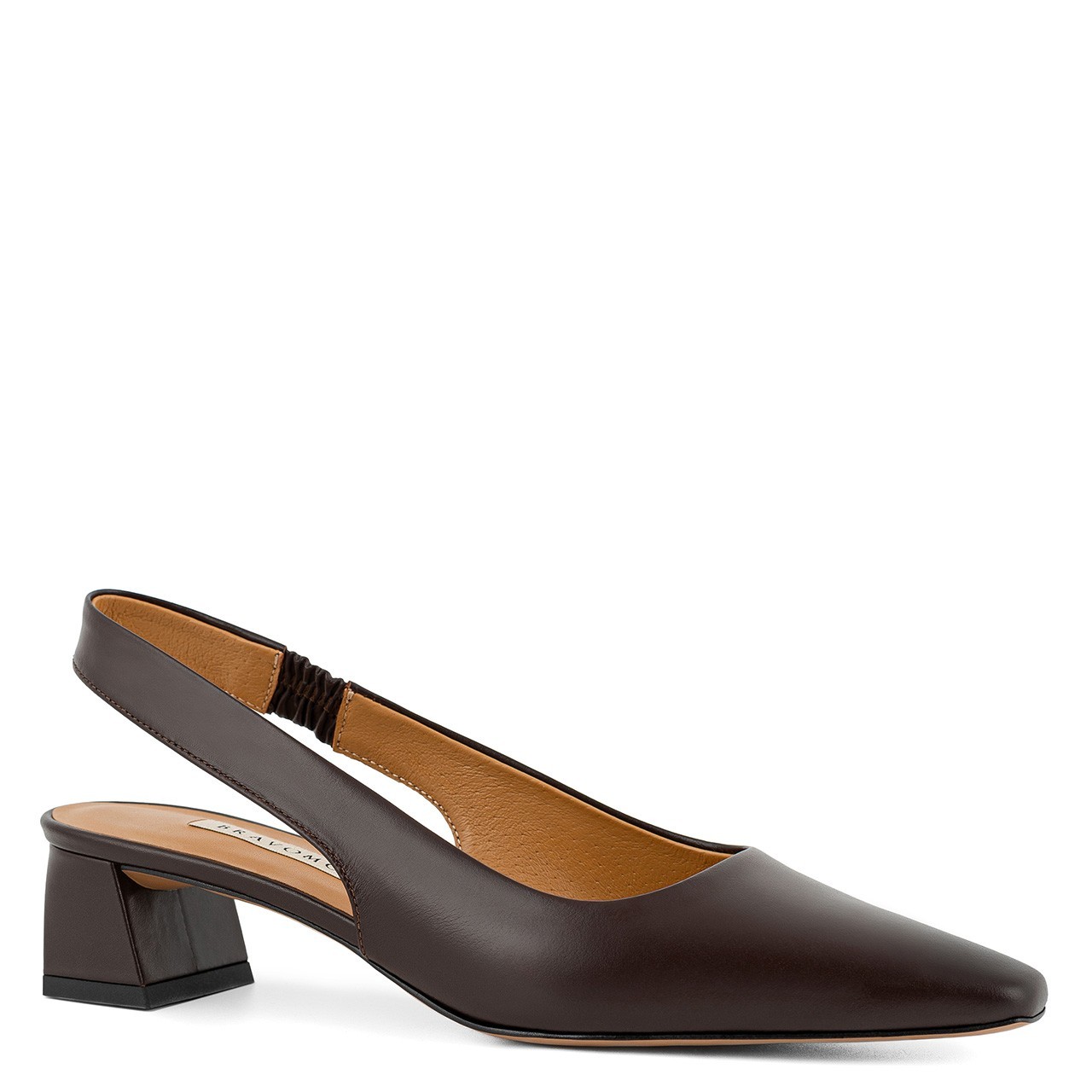 Elegant brown pumps with a block heel and an open heel