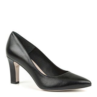 Black leather pumps with a stable block heel