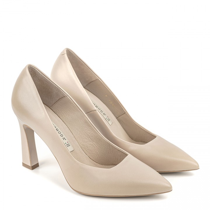 Beige high heels with a geometric heel