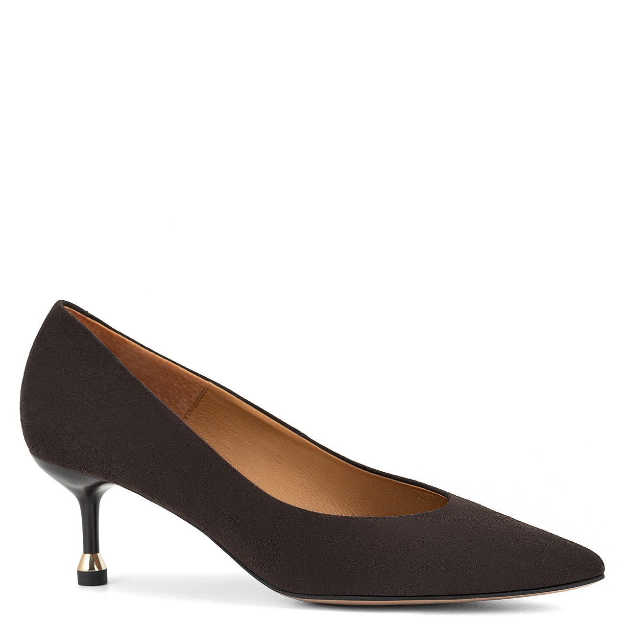 Dark brown low-heel pumps with gold accents