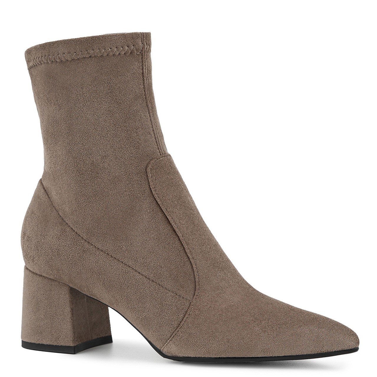 Taupefarbene Stiefeletten aus Stretchmaterial mit spitzer Zehenpartie