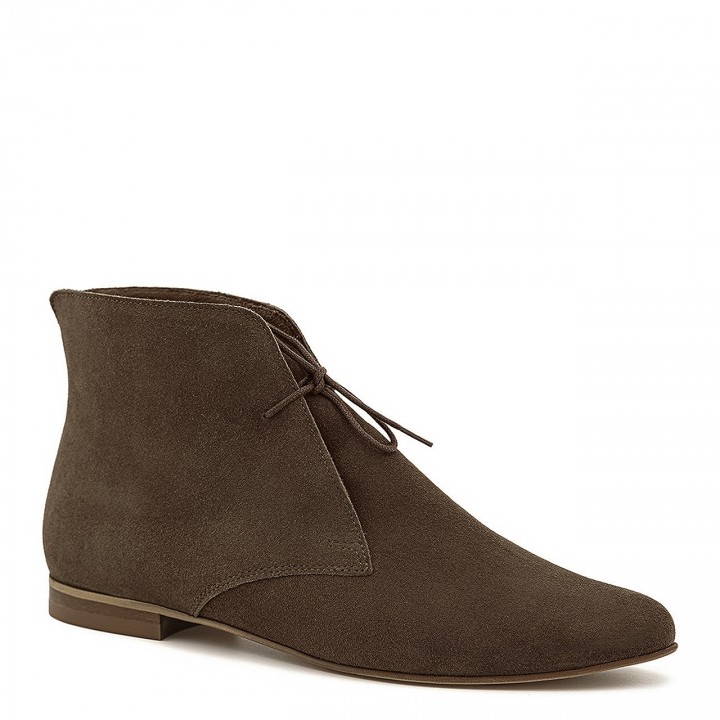 Brown flat-soled ankle boots made of natural velour leather with laces