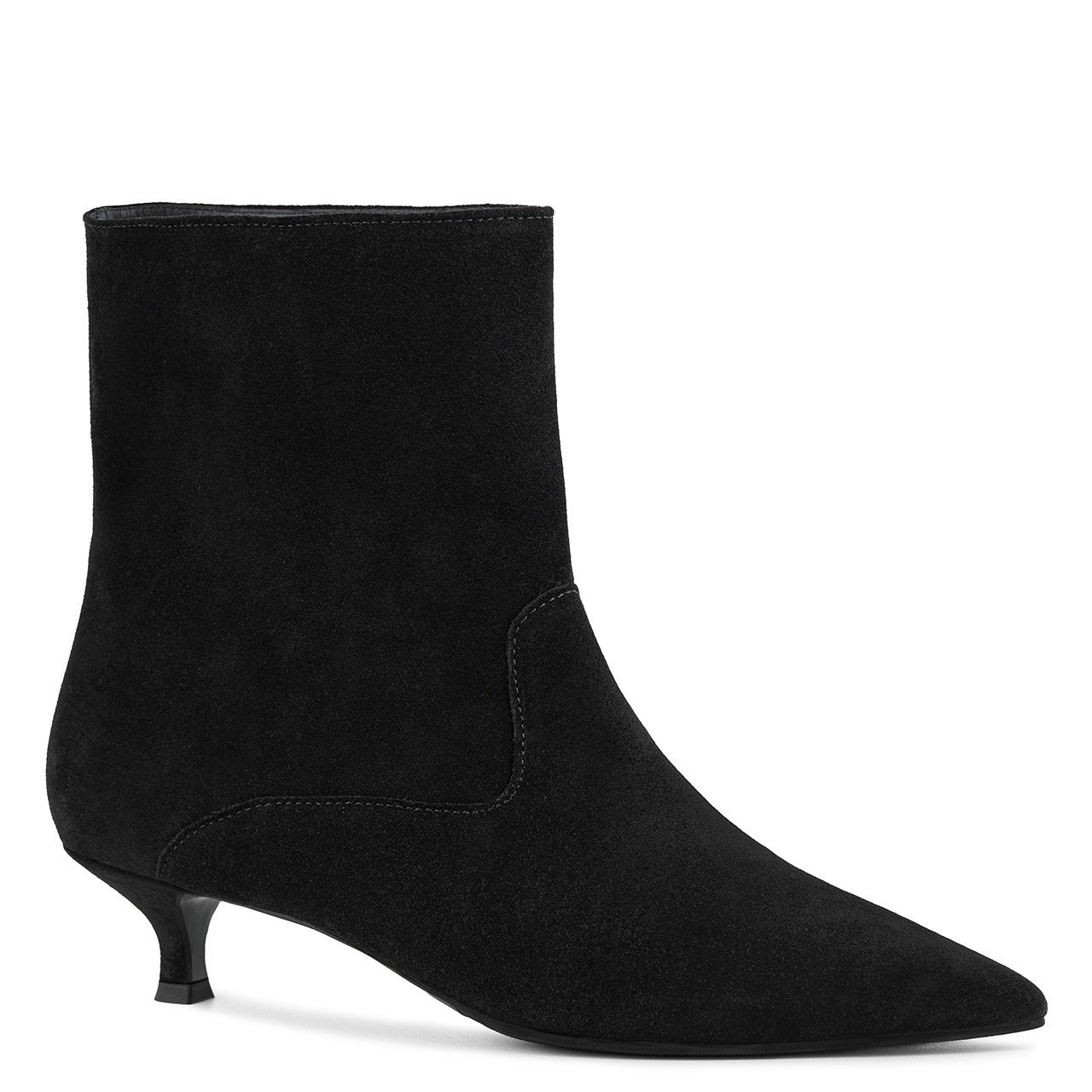Black pointed-toe ankle boots made of natural suede leather