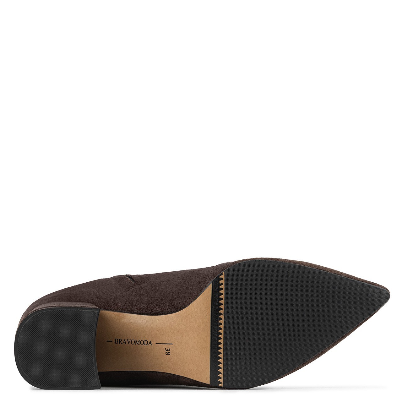 Brown fitted boots set on a block heel with pointed toes.
