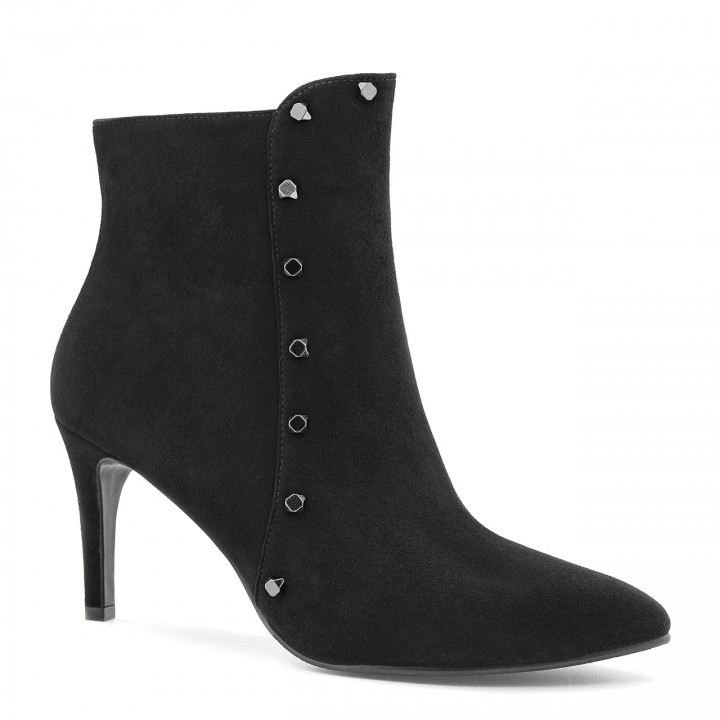 Black low-heeled ankle boots made of genuine suede leather with studs