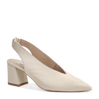 Women's cream-colored slingback pumps with a pointed toe on a block heel