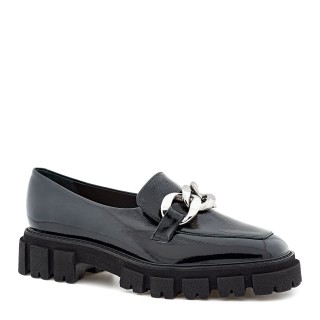 Leather black moccasins with embellishment on the front