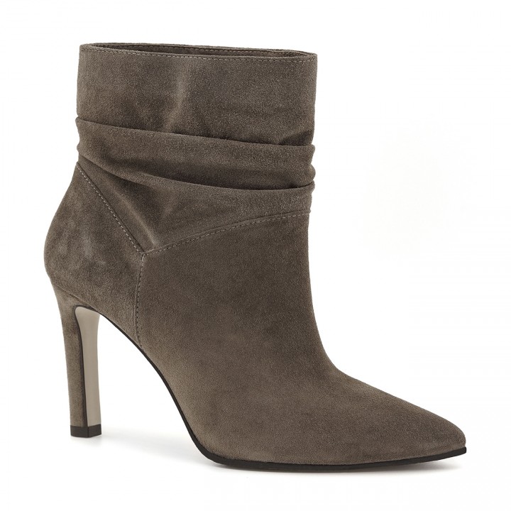 Coffee-colored high-heeled ankle boots made of natural velour leather with a gathered upper