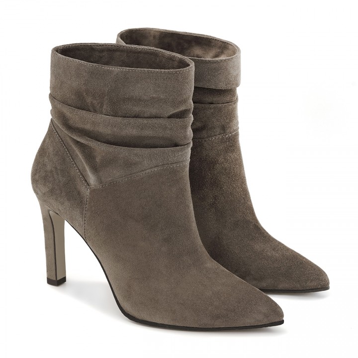 Coffee velour ankle boots with a high heel and a gathered upper