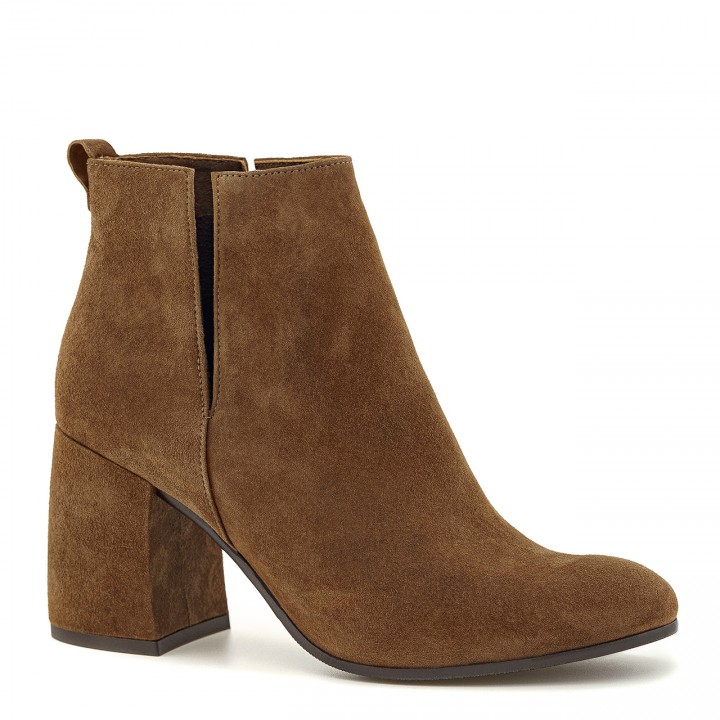 Brown block-heeled ankle boots made of genuine suede leather with cutouts