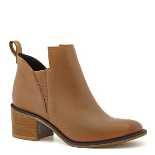 Brown low block-heel ankle boots made of genuine grain leather with elastic inserts
