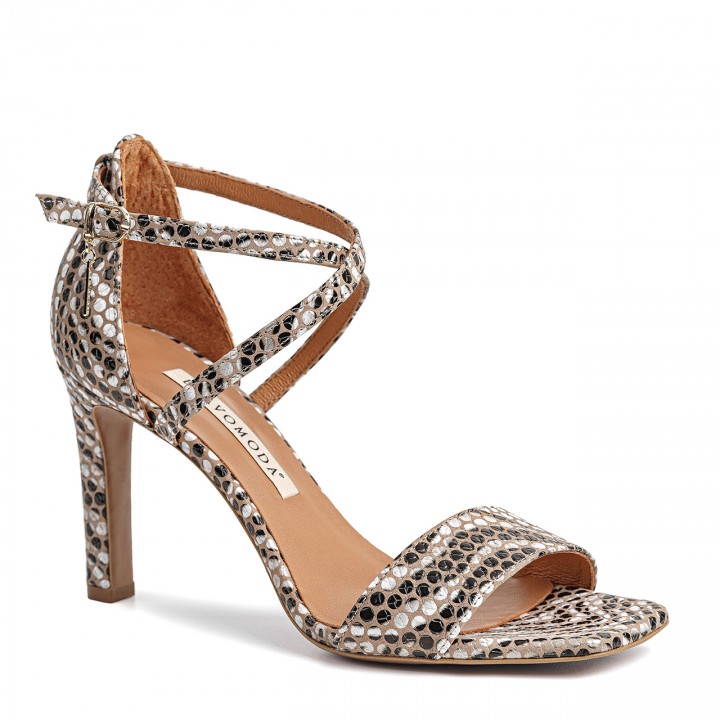 Gold high-heeled sandals made of natural suede leather with a zebra motif