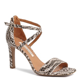 Gold high-heeled sandals made of genuine suede leather with a zebra motif