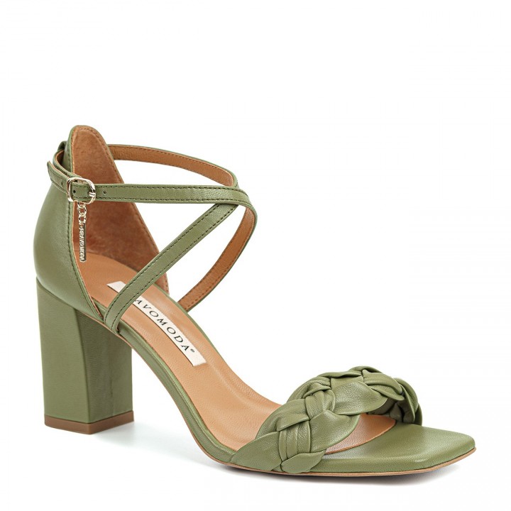 Leather, green sandals with a strap around the ankle