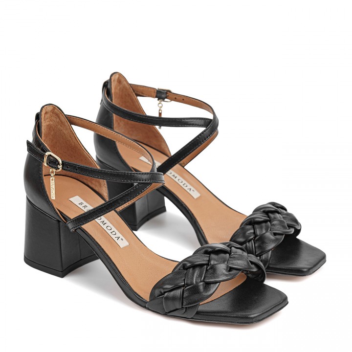 Black leather sandals with a wide heel