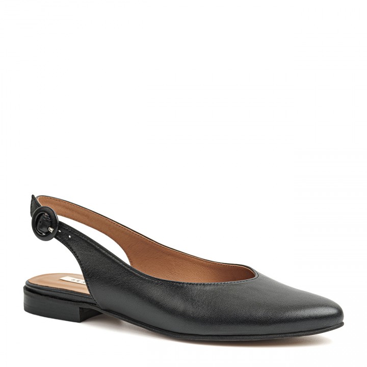Black ballet flats made of natural grain leather with an open heel and a pointed toe