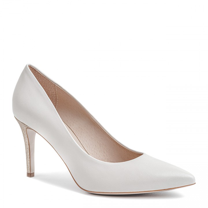 White wedding stilettos with a high, decorative heel