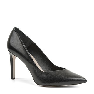Black leather high-heeled stilettos