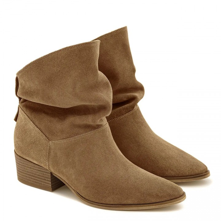 Beige velour low-heeled ankle boots