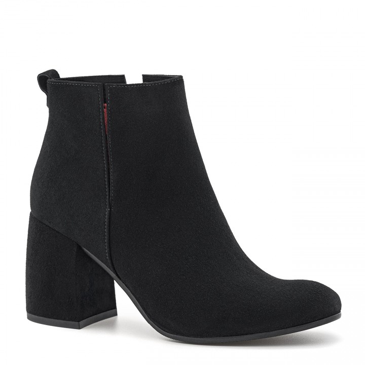 Black high-heeled ankle boots made of natural suede leather with cutouts in the upper