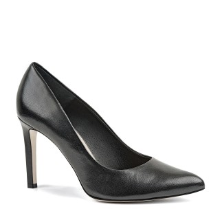 Black leather stilettos with pointed toes