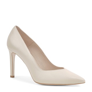 Cream high-heeled stilettos made from genuine grain leather with a pointed toe