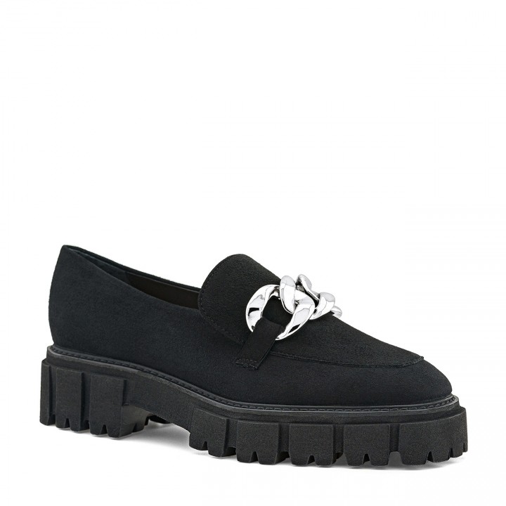 Black suede loafers with a high sole