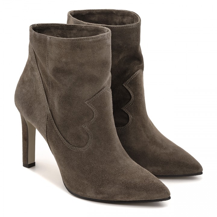 Coffee-colored high-heeled ankle boots made of natural velour leather