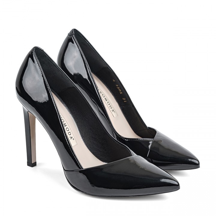 High-heeled black patent leather pumps