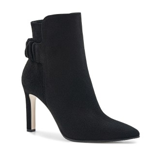 Black suede ankle boots with a stiletto heel and an elastic band on the heel