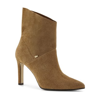 Classic beige velour leather ankle boots with a high heel