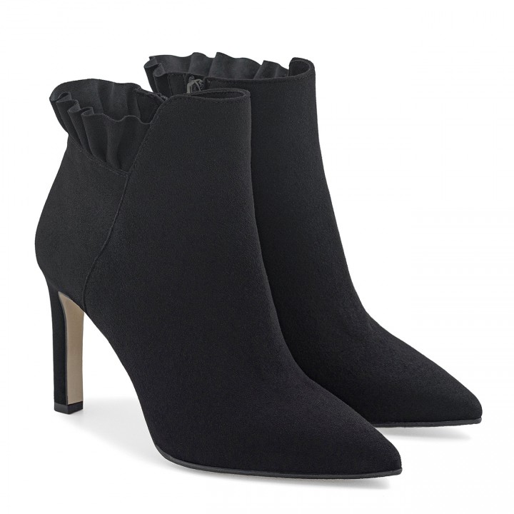Black suede ankle boots with a high stiletto heel
