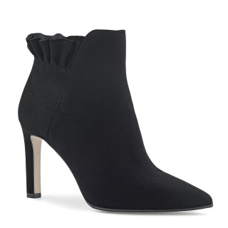 Black suede ankle boots with a decorative ruffle