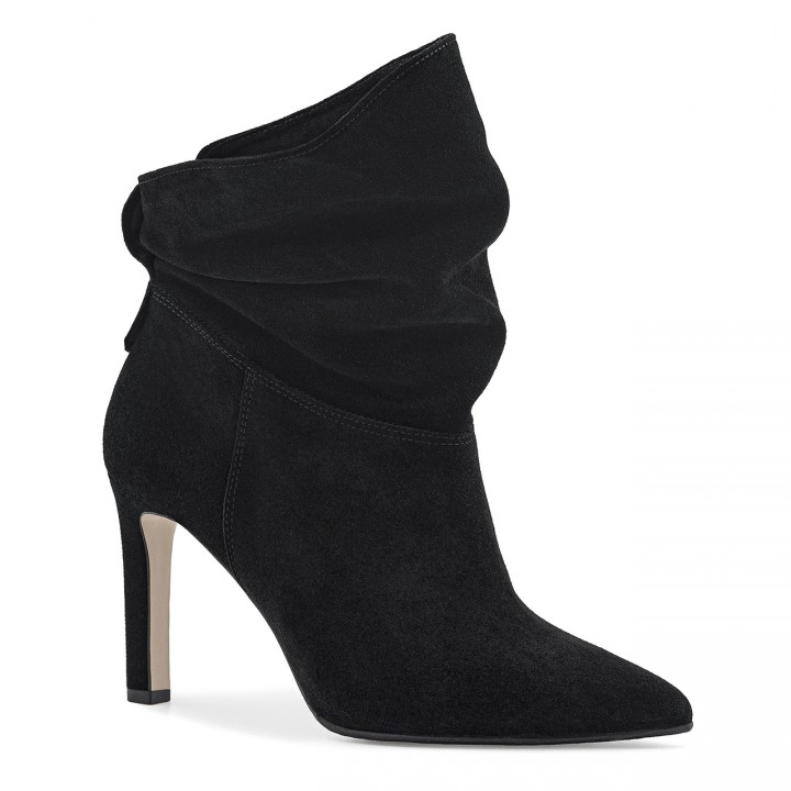 Black velour ankle boots on a high stiletto heel with a loose shaft