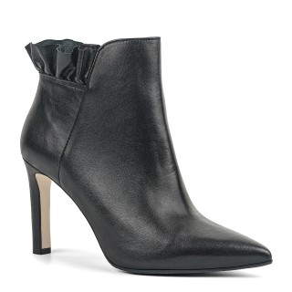 Black leather ankle boots with a high heel and decorative ruffle