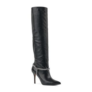 Black leather over-the-knee boots with a removable chain