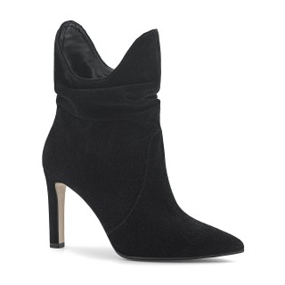 Black velour ankle boots with a ruched shaft