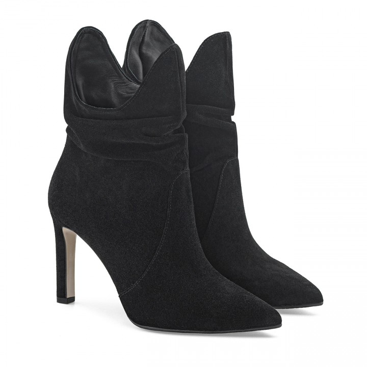 Black velour high-heeled ankle boots