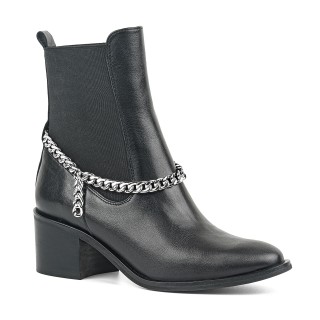 Black leather ankle boots with a stable heel and a decorative chain