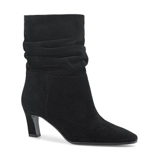 Black velour ankle boots with a stiletto heel and a square toe