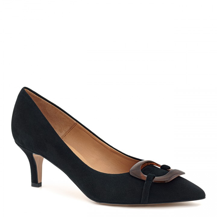 Black suede pumps made of natural leather with an amber buckle