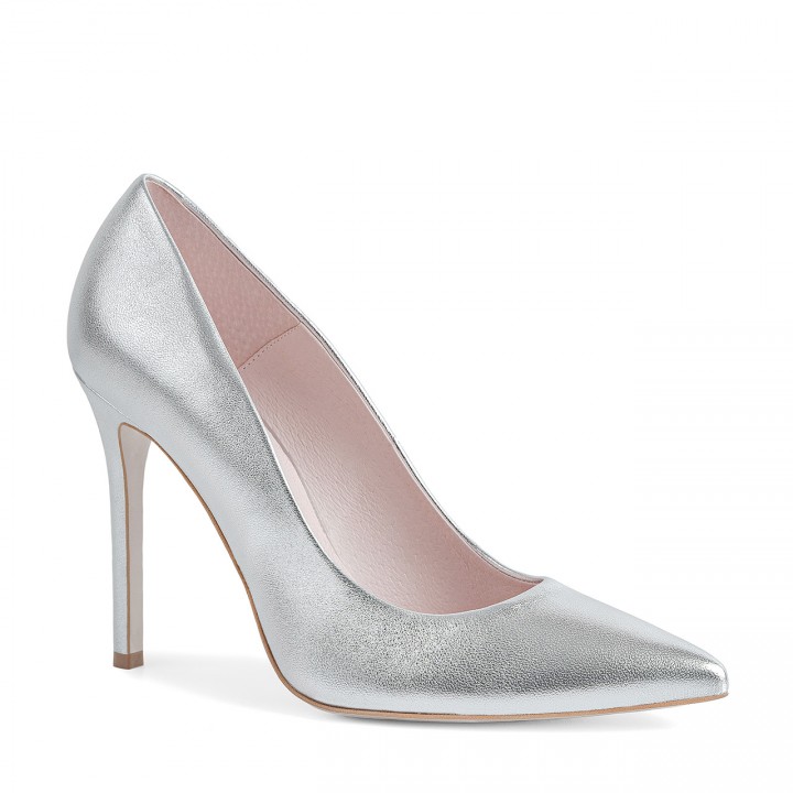 Comfortable silver high-heeled pumps made from genuine grain leather
