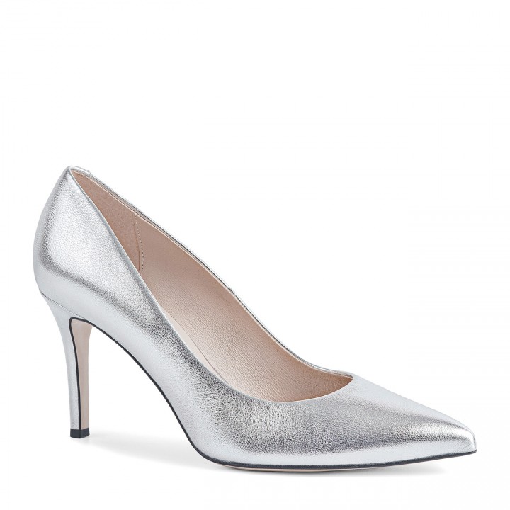 Silver high heels made of natural grain leather