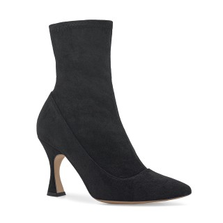 Black ankle boots with a geometric heel and a stretchy shaft