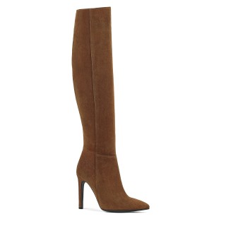 Light brown suede knee-high boots on a high stiletto heel