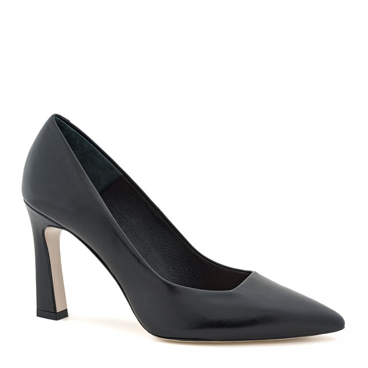 Black leather high heels with a geometric heel