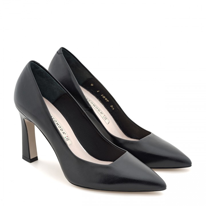 Black leather stiletto pumps with a geometric heel